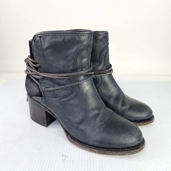 Freebird By Steven FB Casey Black Leather Ankle Boots US 8 Wrap Tie Heel Bootie - Picture 3 of 9